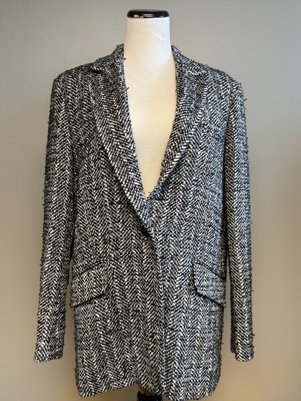 Rag & Bone Herringbone Wool Blazer Black White Size 12